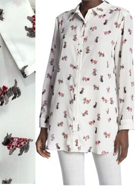 Como Vintage Scottie Dog Print Tunic Shirt Womens Size Small Oversized Button Up